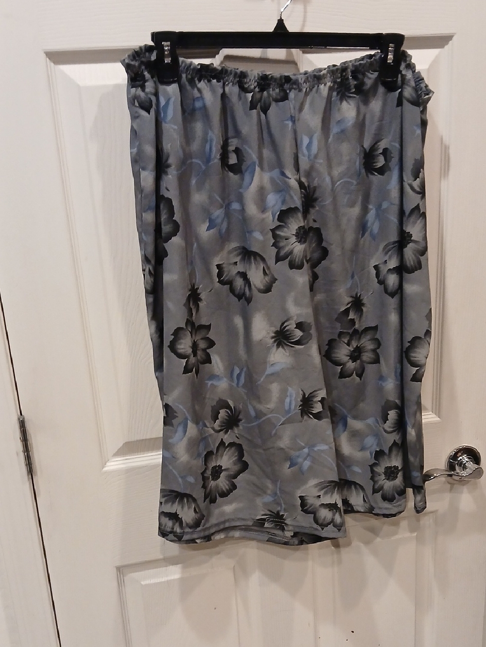 Gray Floral Satin Split Skirt with Blue Accents